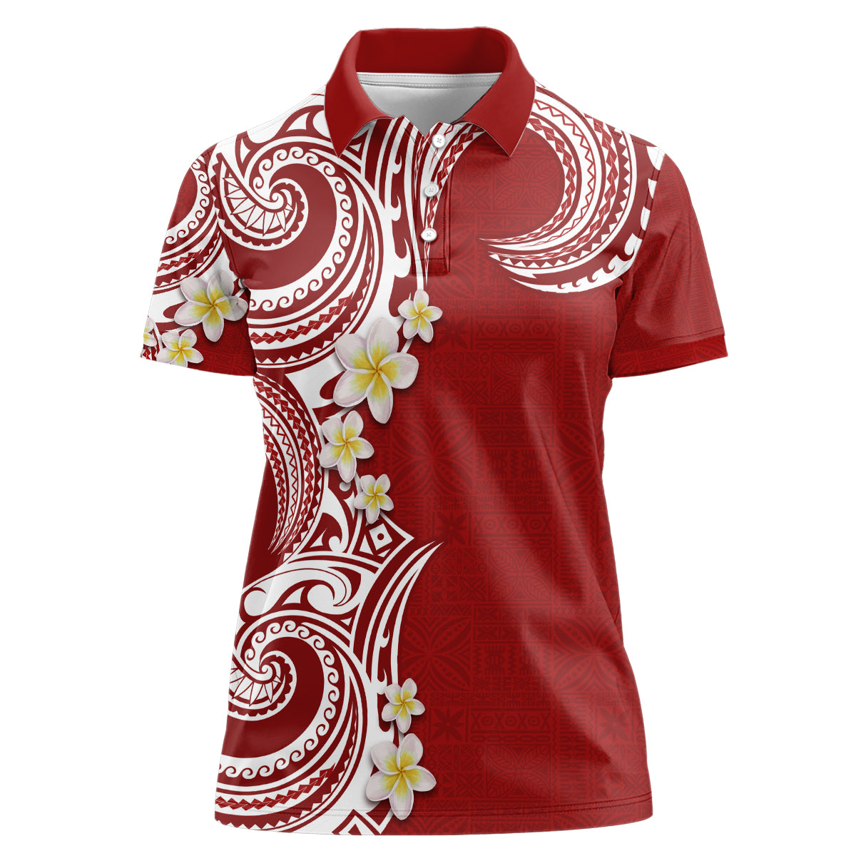 Aloha Polynesian Plumeria Flower Women Polo Shirt Red Color