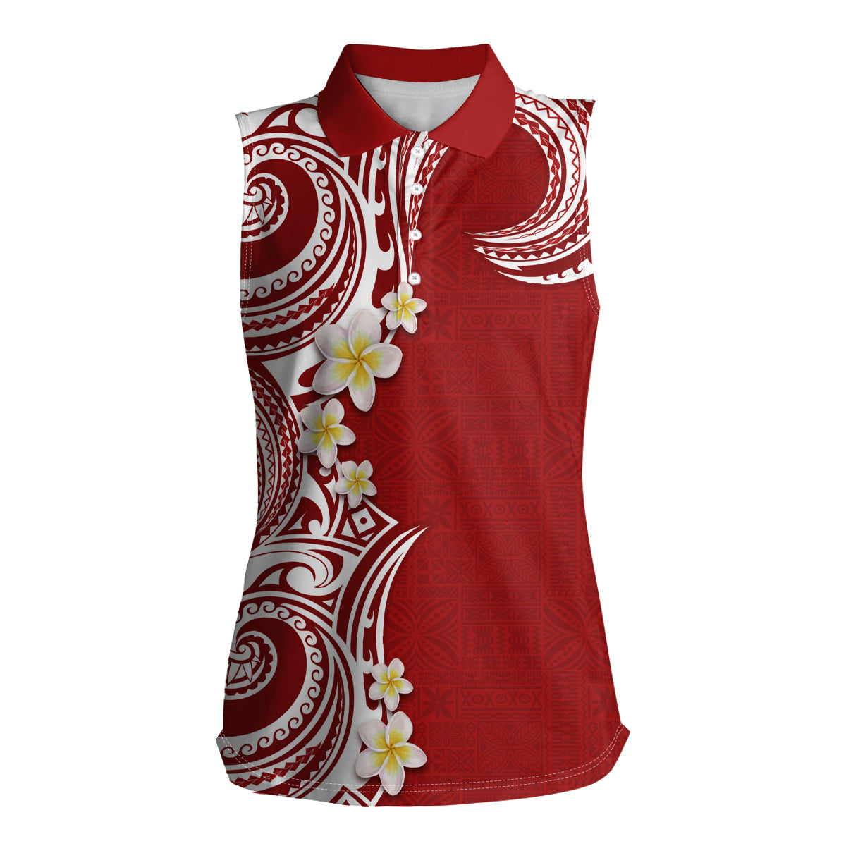 Aloha Polynesian Plumeria Flower Women Sleeveless Polo Shirt Red Color