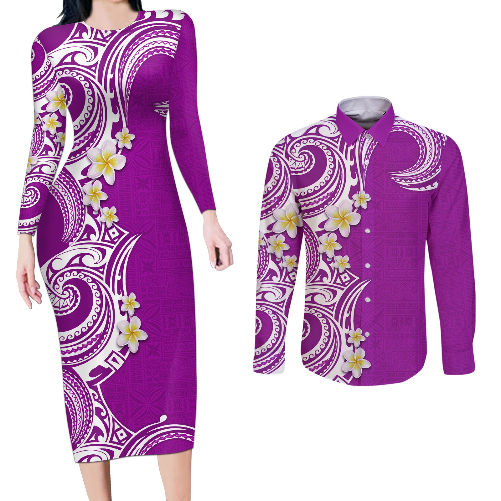 Aloha Polynesian Plumeria Flower Couples Matching Long Sleeve Bodycon Dress and Long Sleeve Button Shirt Purple Color LT03 Purple - Polynesian Pride