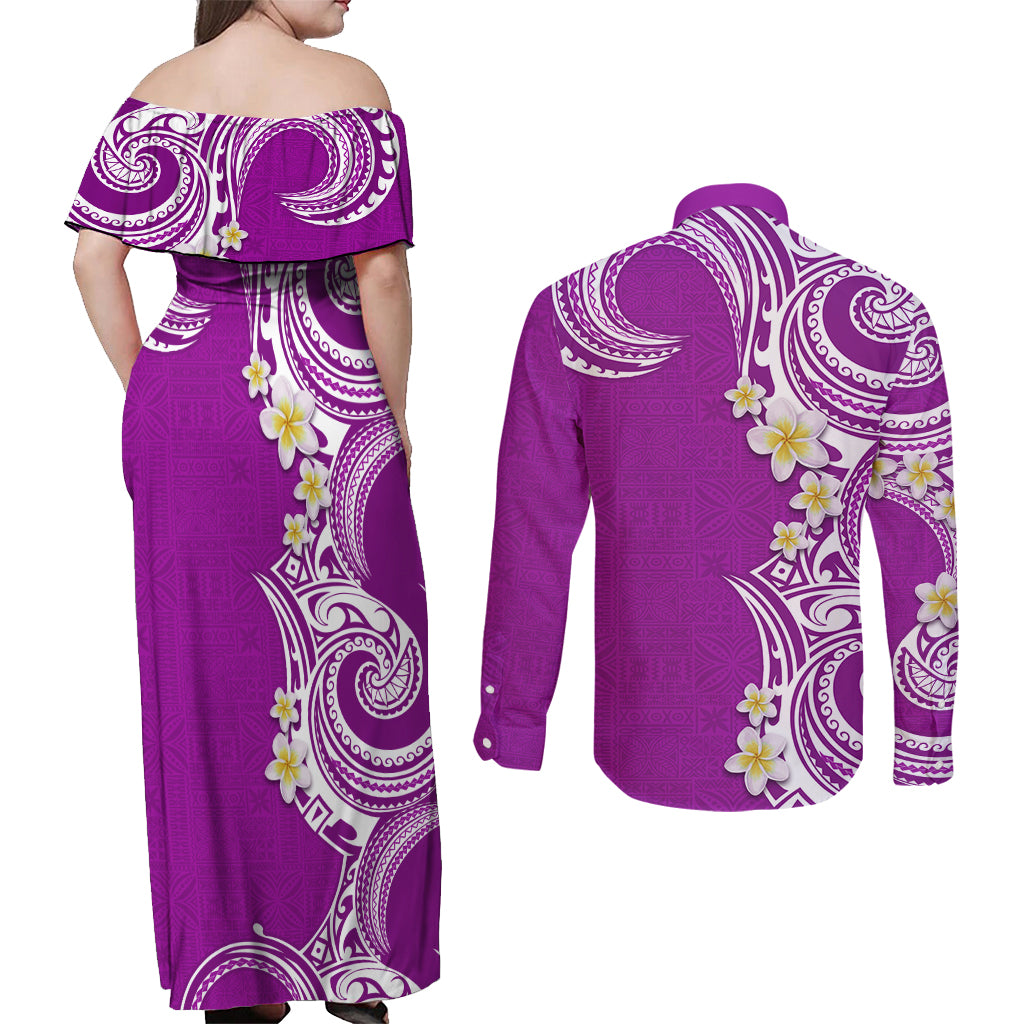 Aloha Polynesian Plumeria Flower Couples Matching Off Shoulder Maxi Dress and Long Sleeve Button Shirt Purple Color LT03 - Polynesian Pride