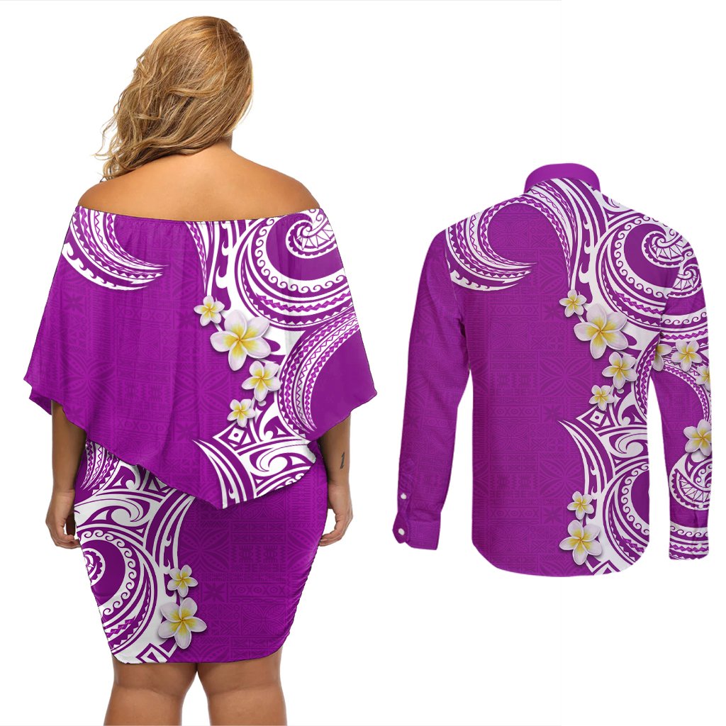 Aloha Polynesian Plumeria Flower Couples Matching Off Shoulder Short Dress and Long Sleeve Button Shirt Purple Color LT03 - Polynesian Pride