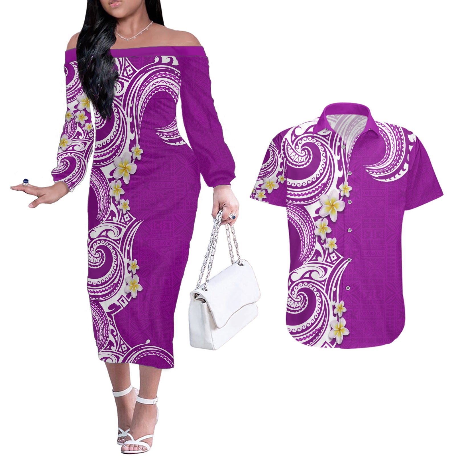 Aloha Polynesian Plumeria Flower Couples Matching Off The Shoulder Long Sleeve Dress and Hawaiian Shirt Purple Color LT03 Purple - Polynesian Pride
