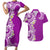 Aloha Polynesian Plumeria Flower Couples Matching Short Sleeve Bodycon Dress and Hawaiian Shirt Purple Color