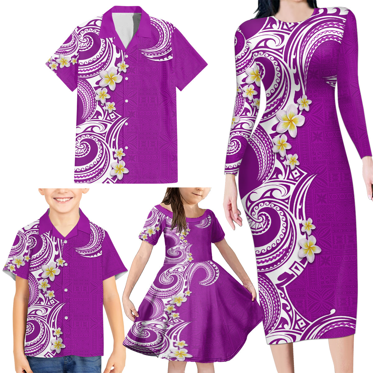 Aloha Polynesian Plumeria Flower Family Matching Long Sleeve Bodycon Dress and Hawaiian Shirt Purple Color