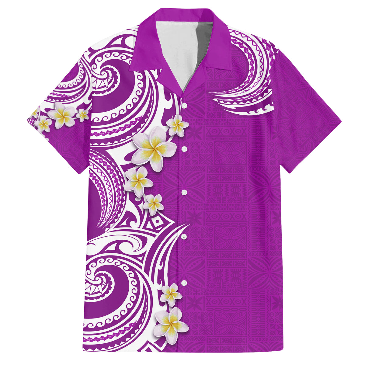 Aloha Polynesian Plumeria Flower Family Matching Long Sleeve Bodycon Dress and Hawaiian Shirt Purple Color