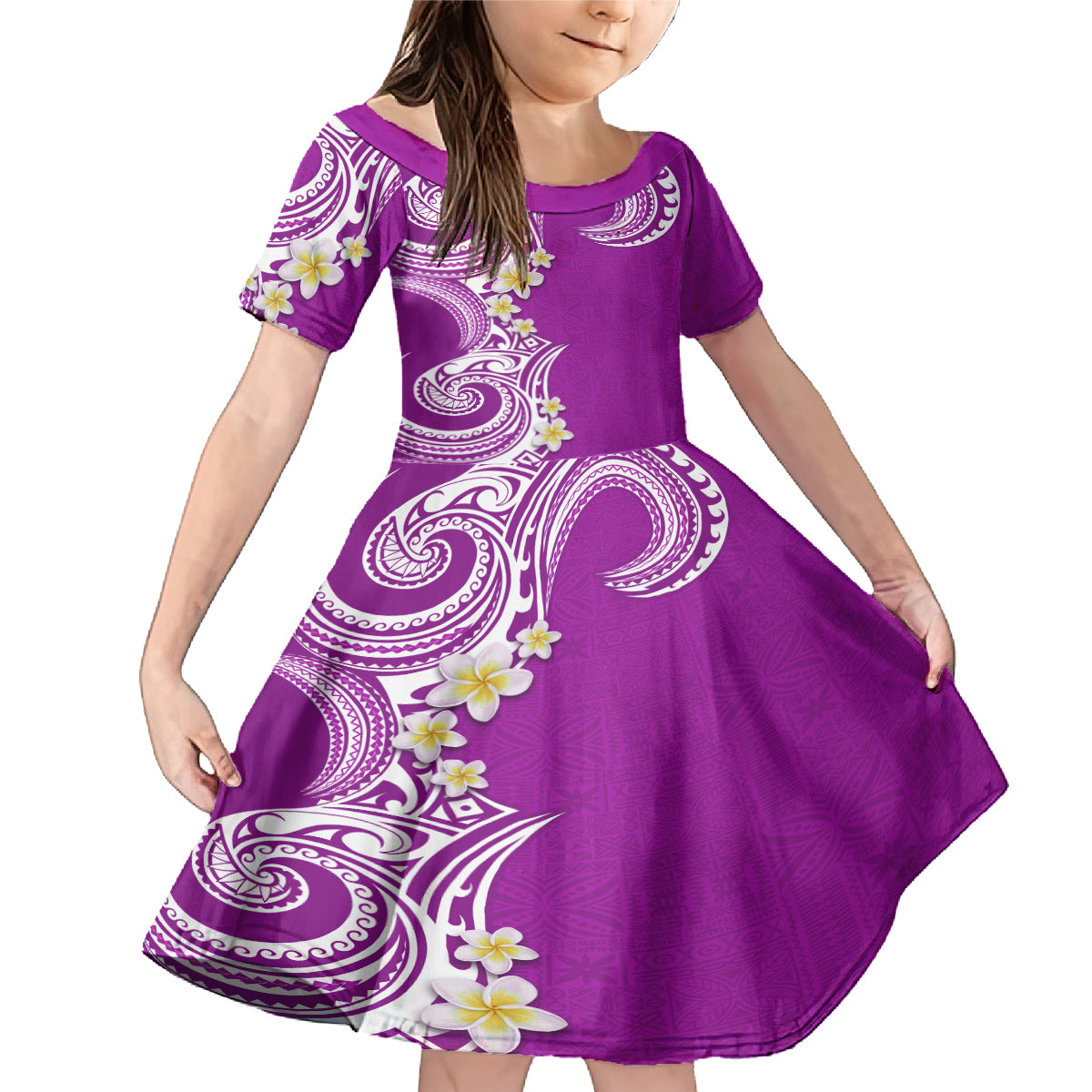 Aloha Polynesian Plumeria Flower Family Matching Mermaid Dress and Hawaiian Shirt Purple Color