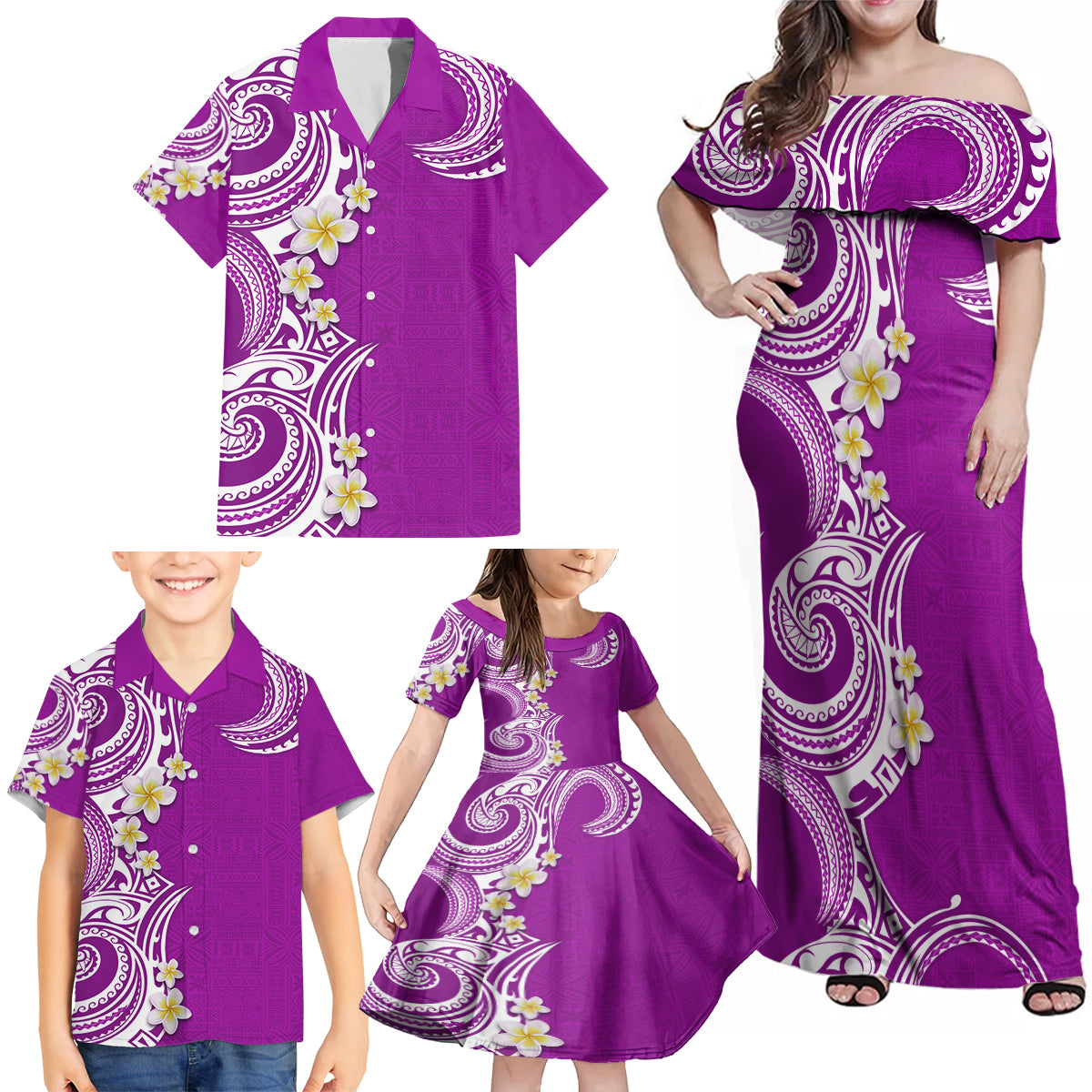 Aloha Polynesian Plumeria Flower Family Matching Off Shoulder Maxi Dress and Hawaiian Shirt Purple Color