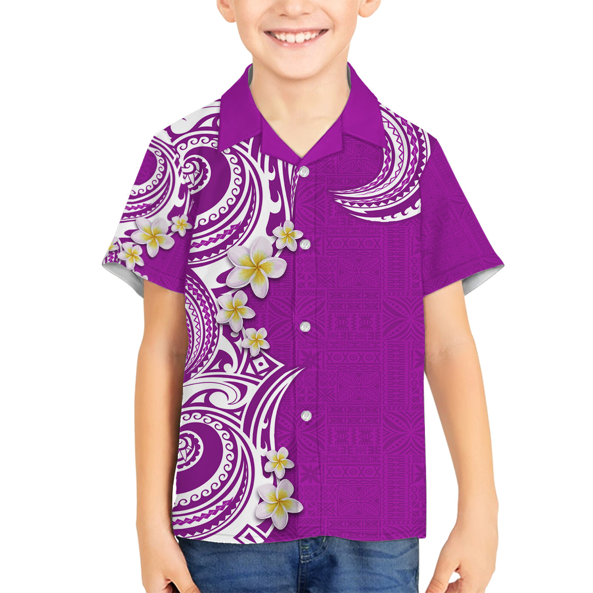 Aloha Polynesian Plumeria Flower Family Matching Off Shoulder Short Dress and Hawaiian Shirt Purple Color LT03 Son's Shirt Purple - Polynesian Pride