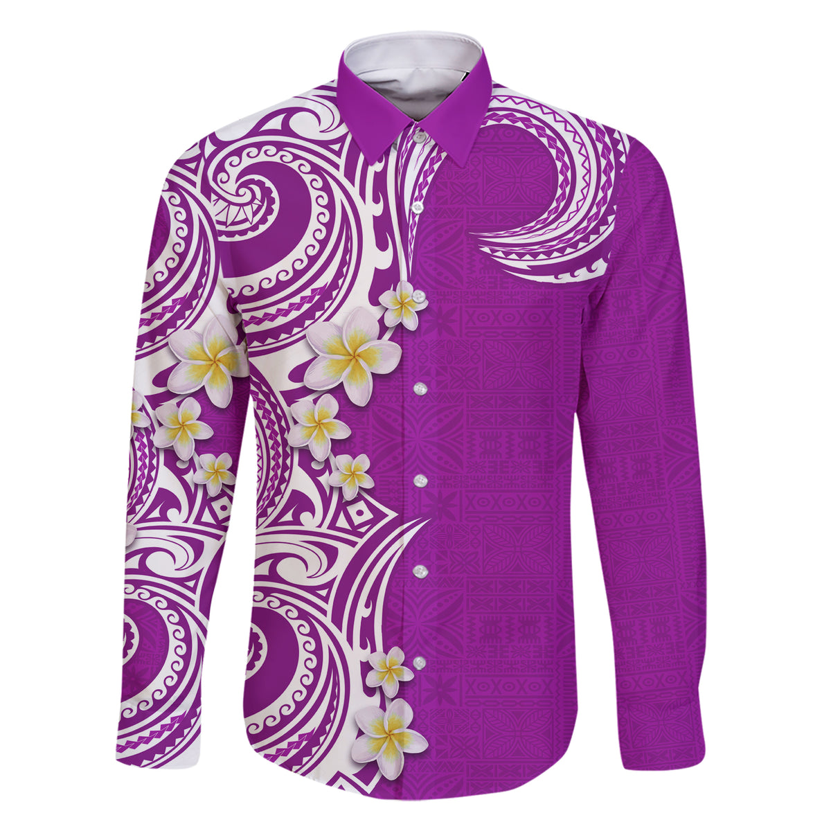Aloha Polynesian Plumeria Flower Family Matching Short Sleeve Bodycon Dress and Hawaiian Shirt Purple Color