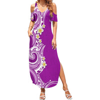 Aloha Polynesian Plumeria Flower Family Matching Summer Maxi Dress and Hawaiian Shirt Purple Color