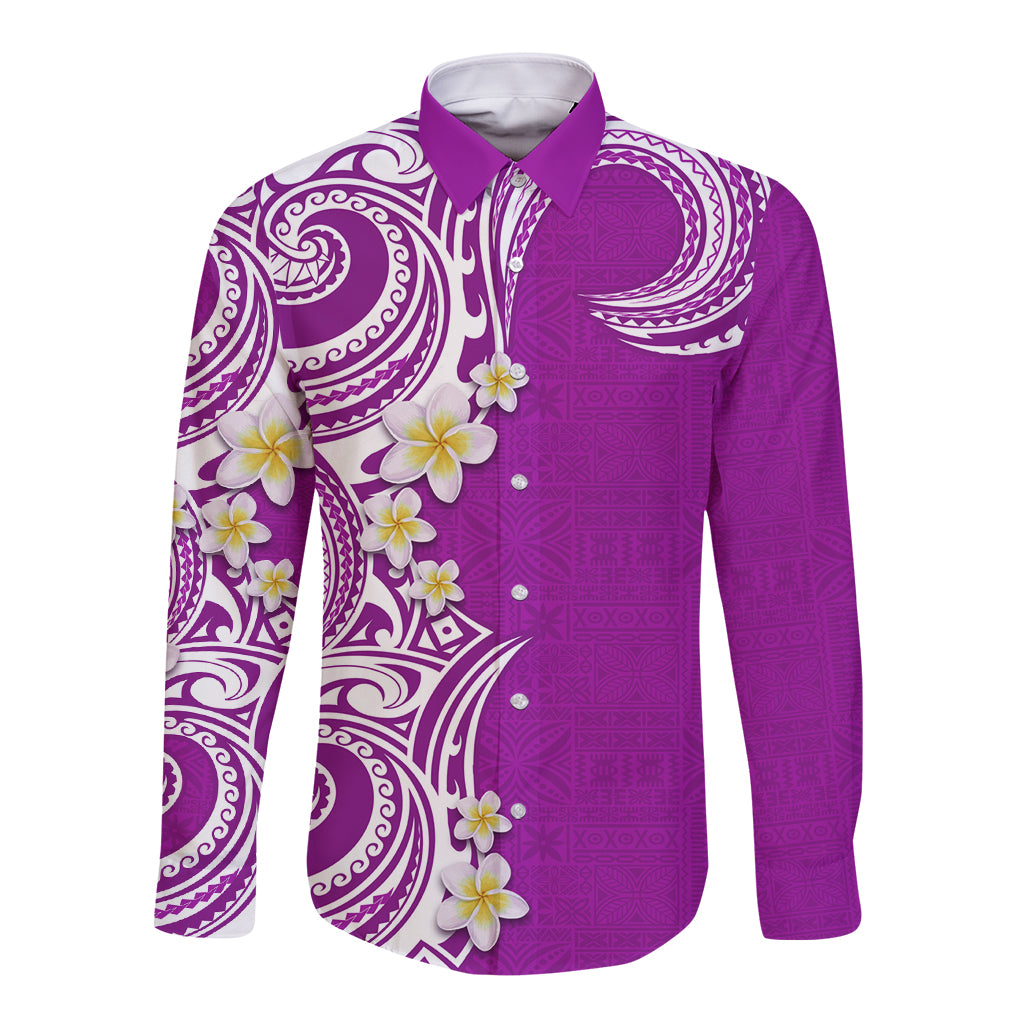 Aloha Polynesian Plumeria Flower Long Sleeve Button Shirt Purple Color