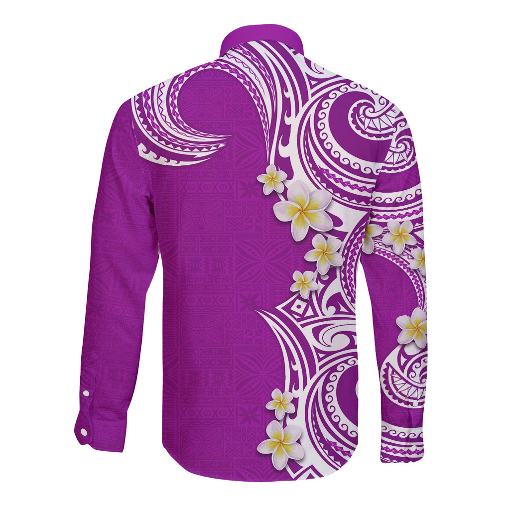 Aloha Polynesian Plumeria Flower Long Sleeve Button Shirt Purple Color