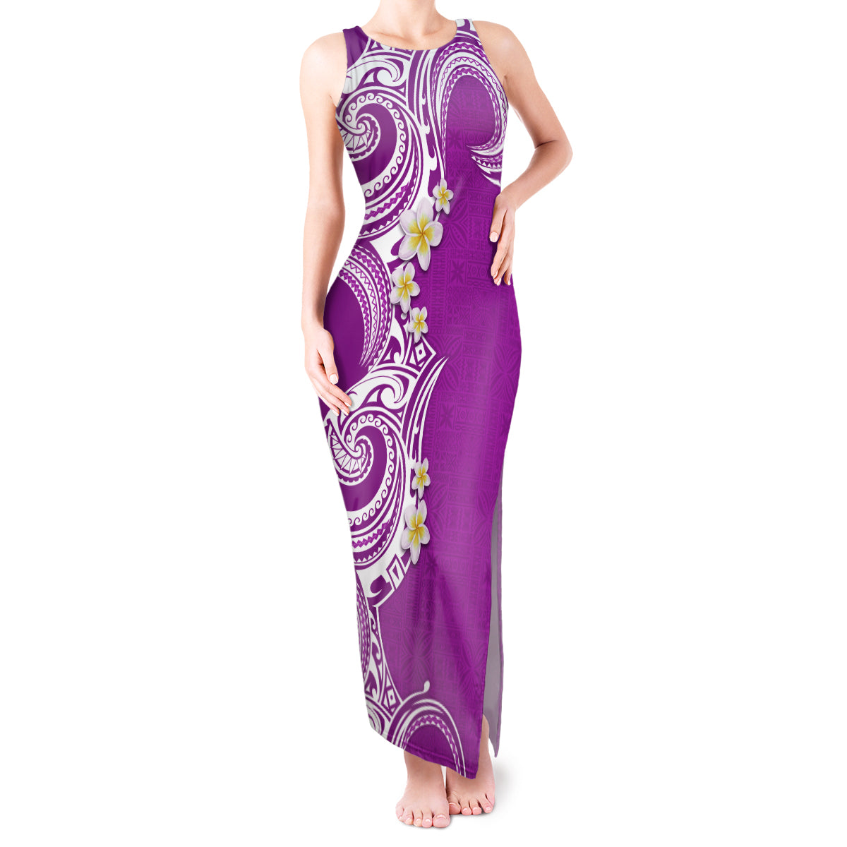 Aloha Polynesian Plumeria Flower Tank Maxi Dress Purple Color