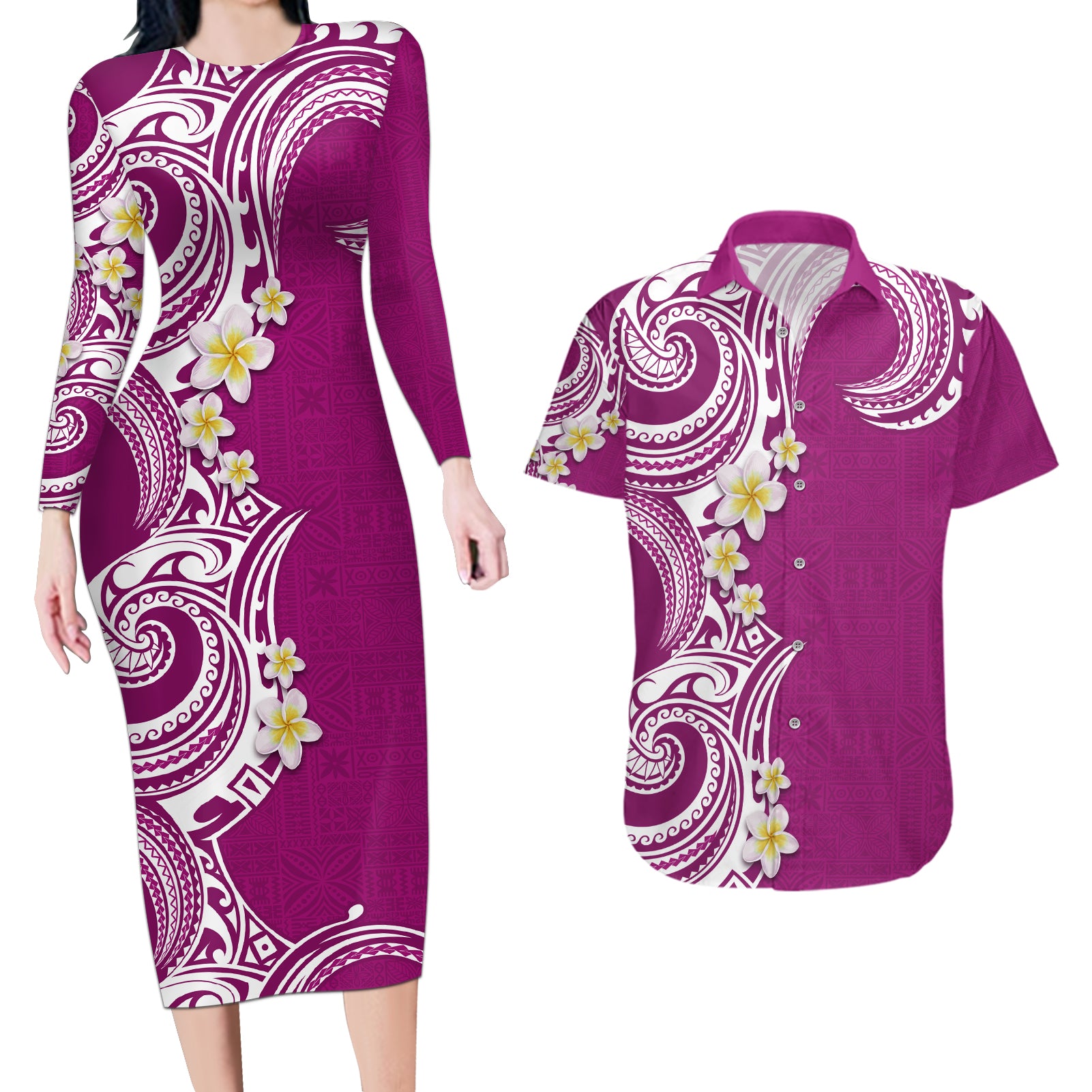 Aloha Polynesian Plumeria Flower Couples Matching Long Sleeve Bodycon Dress and Hawaiian Shirt Pink Color