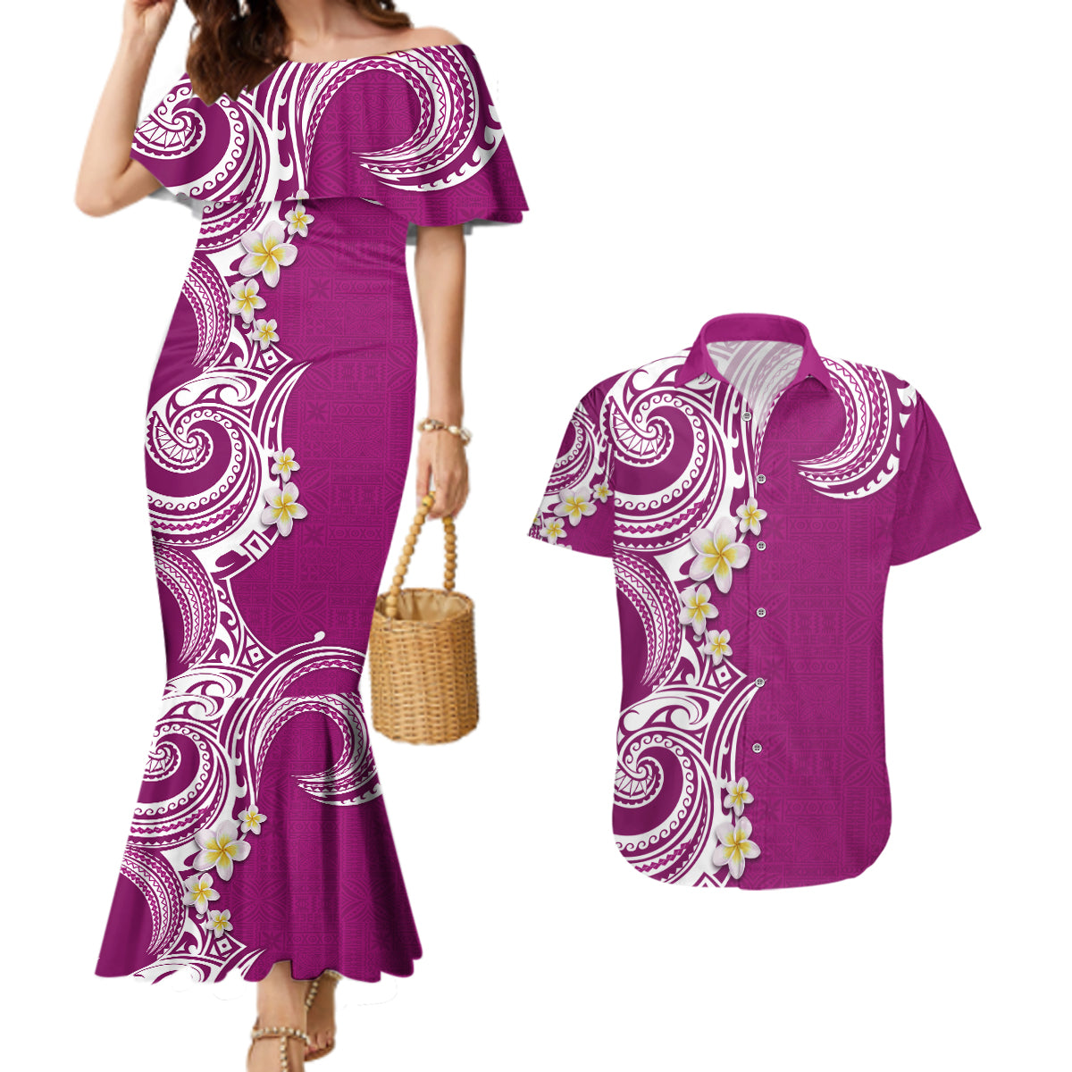 Aloha Polynesian Plumeria Flower Couples Matching Mermaid Dress and Hawaiian Shirt Pink Color