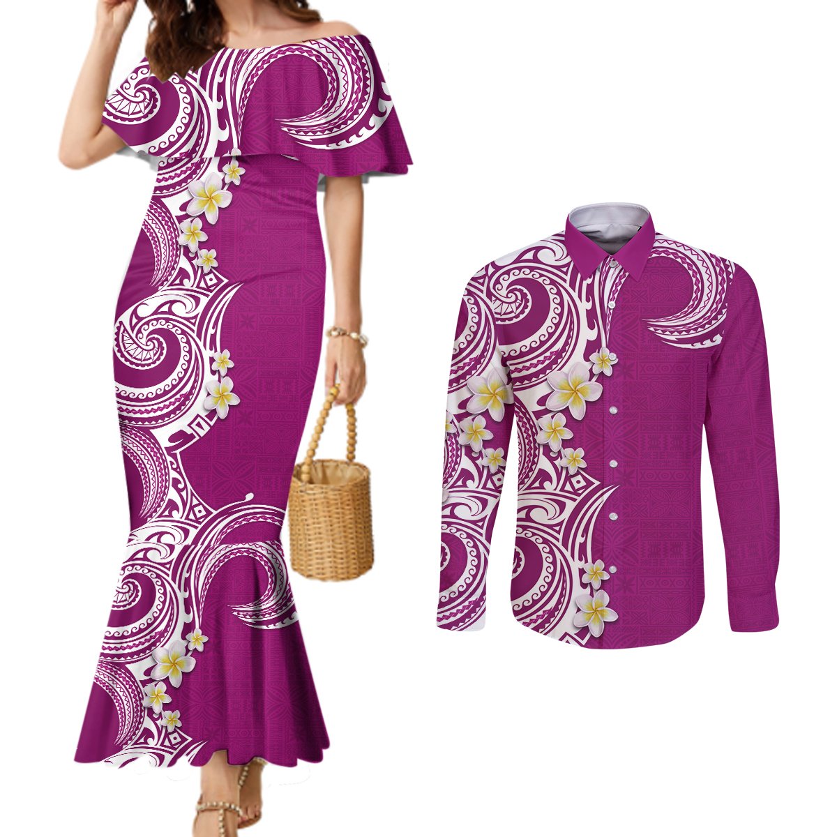 Aloha Polynesian Plumeria Flower Couples Matching Mermaid Dress and Long Sleeve Button Shirt Pink Color LT03 Pink - Polynesian Pride