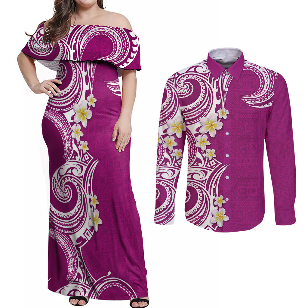 Aloha Polynesian Plumeria Flower Couples Matching Off Shoulder Maxi Dress and Long Sleeve Button Shirt Pink Color LT03 Pink - Polynesian Pride