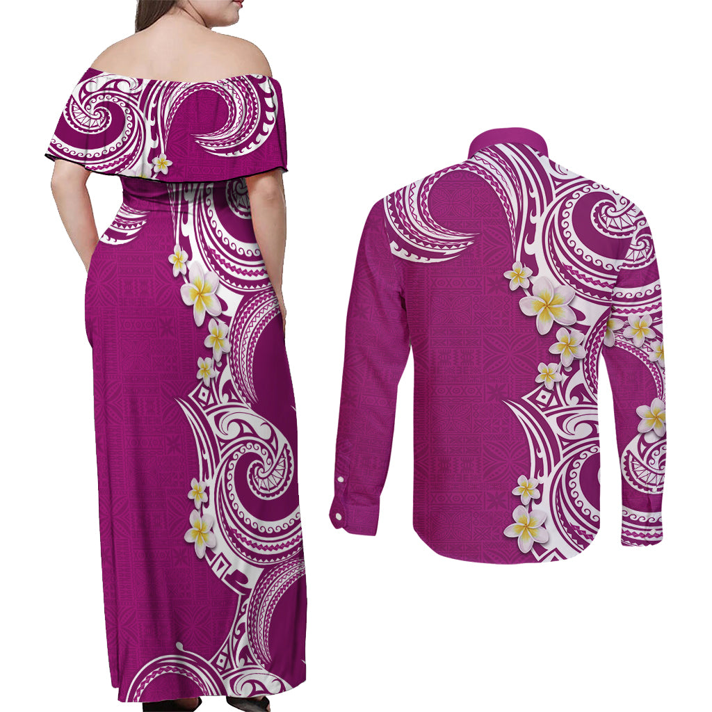 Aloha Polynesian Plumeria Flower Couples Matching Off Shoulder Maxi Dress and Long Sleeve Button Shirt Pink Color LT03 - Polynesian Pride