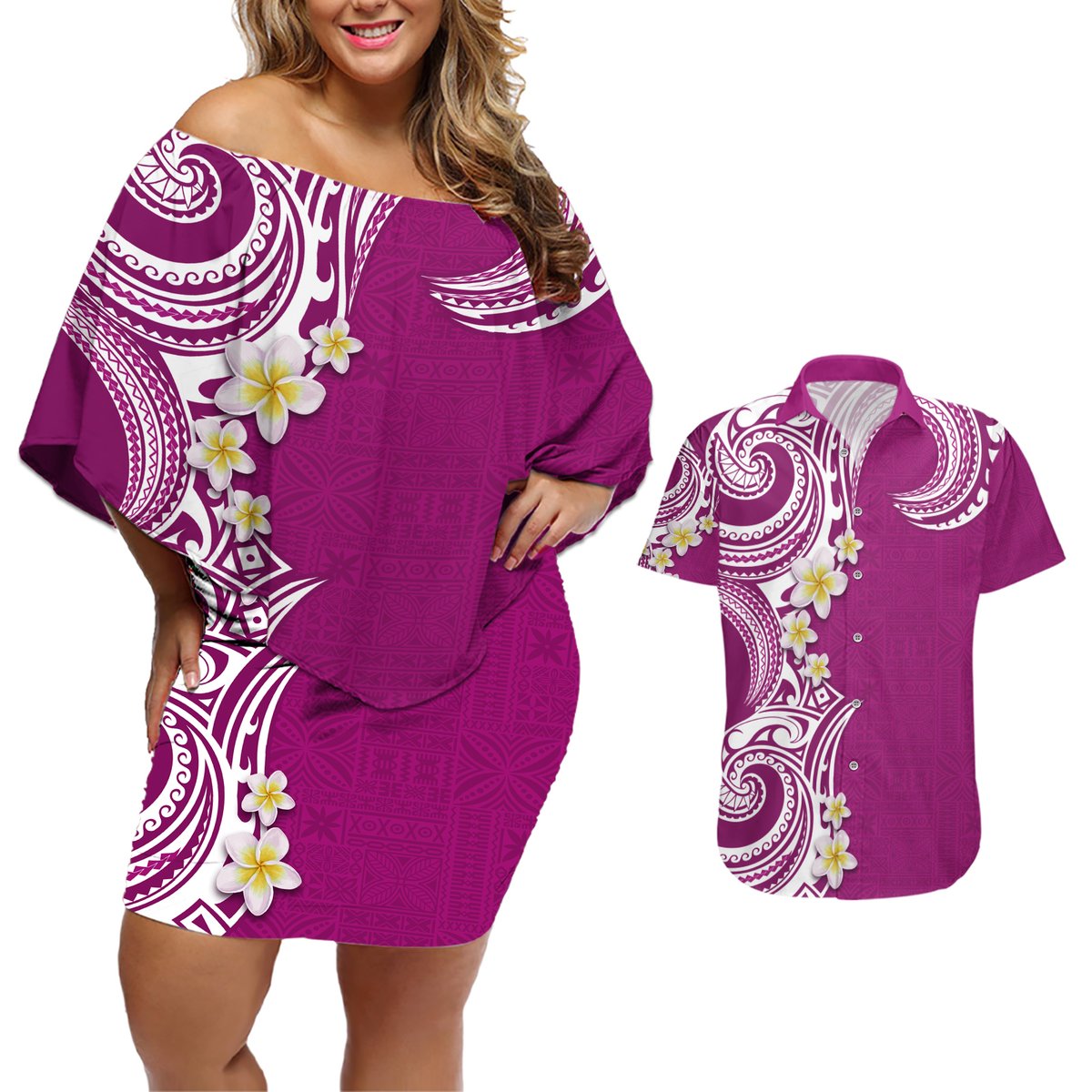 Aloha Polynesian Plumeria Flower Couples Matching Off Shoulder Short Dress and Hawaiian Shirt Pink Color LT03 Pink - Polynesian Pride