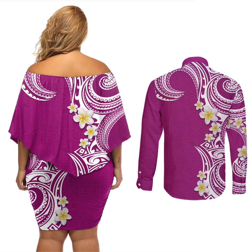 Aloha Polynesian Plumeria Flower Couples Matching Off Shoulder Short Dress and Long Sleeve Button Shirt Pink Color LT03 - Polynesian Pride