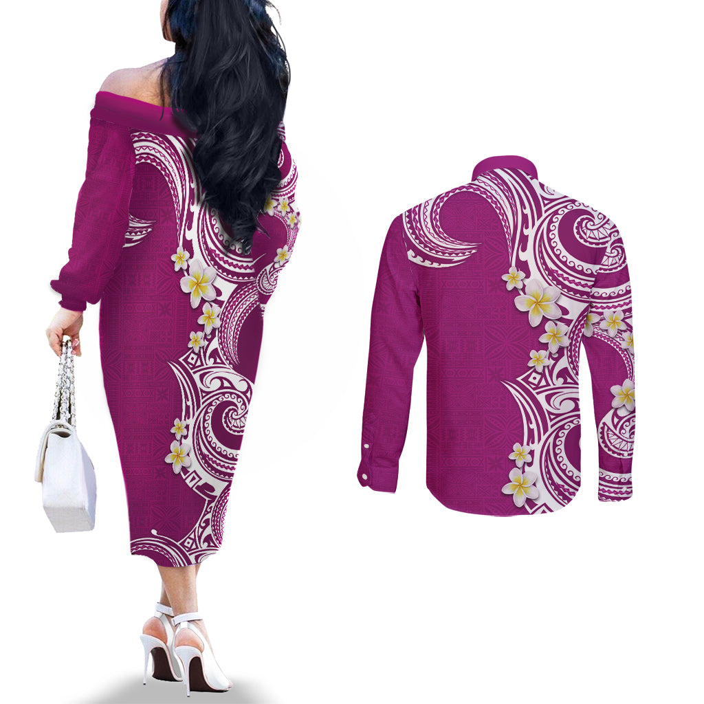 Aloha Polynesian Plumeria Flower Couples Matching Off The Shoulder Long Sleeve Dress and Long Sleeve Button Shirt Pink Color