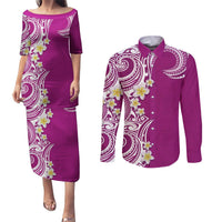 Aloha Polynesian Plumeria Flower Couples Matching Puletasi and Long Sleeve Button Shirt Pink Color LT03 Pink - Polynesian Pride