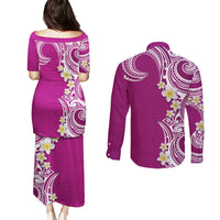 Aloha Polynesian Plumeria Flower Couples Matching Puletasi and Long Sleeve Button Shirt Pink Color LT03 - Polynesian Pride