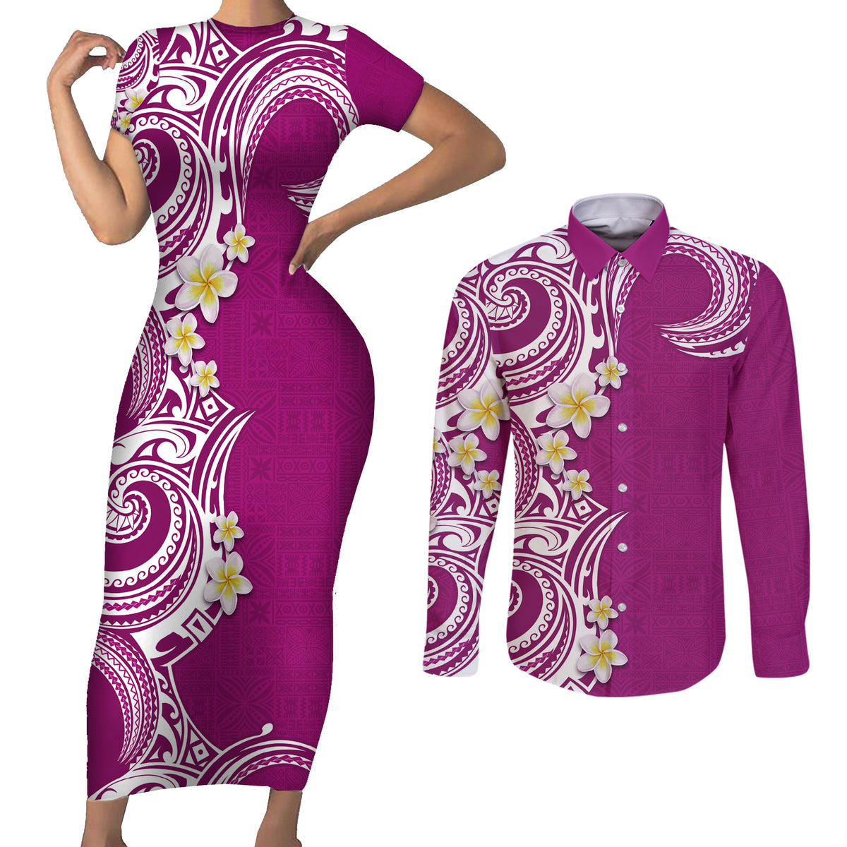 Aloha Polynesian Plumeria Flower Couples Matching Short Sleeve Bodycon Dress and Long Sleeve Button Shirt Pink Color LT03 Pink - Polynesian Pride