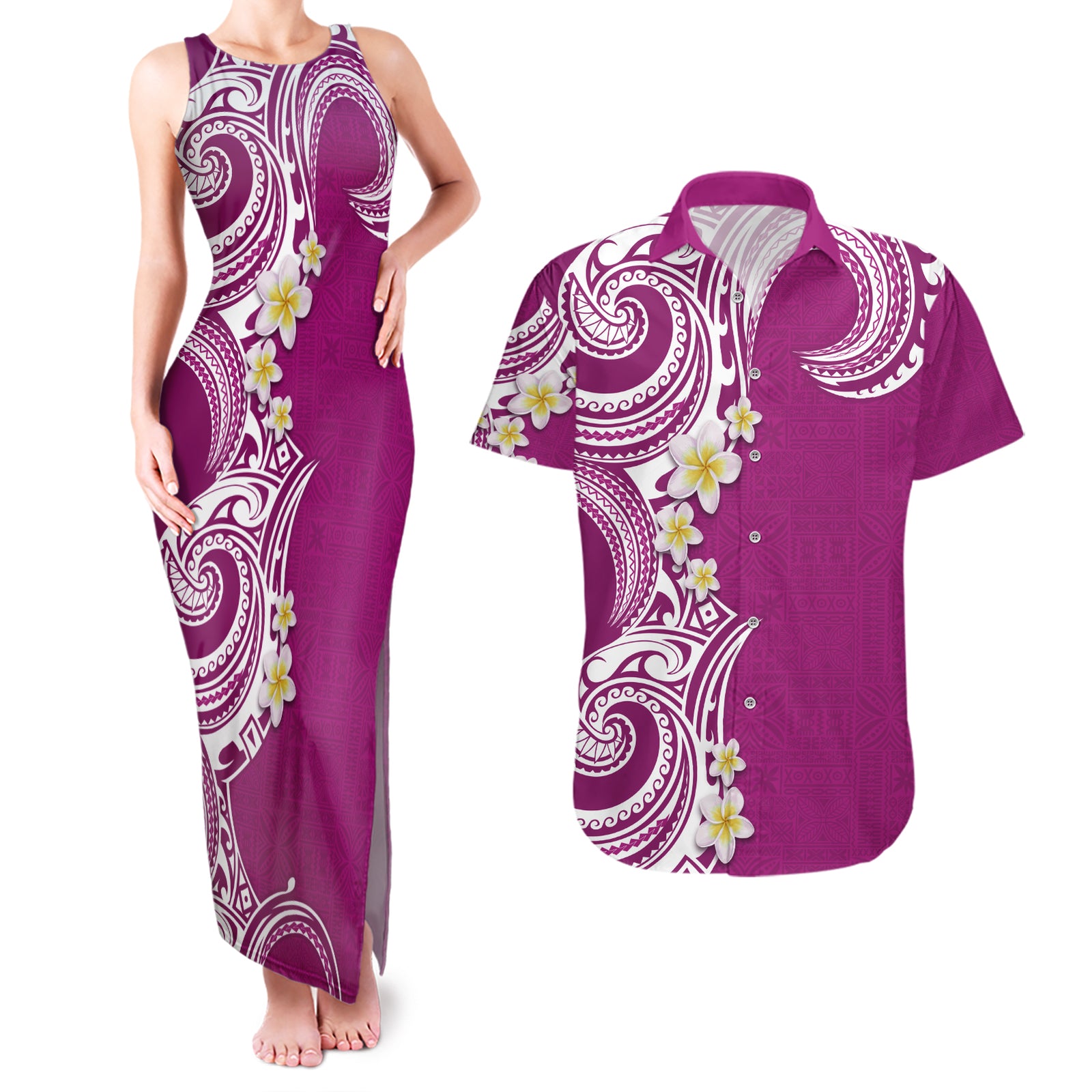 Aloha Polynesian Plumeria Flower Couples Matching Tank Maxi Dress and Hawaiian Shirt Pink Color LT03 Pink - Polynesian Pride