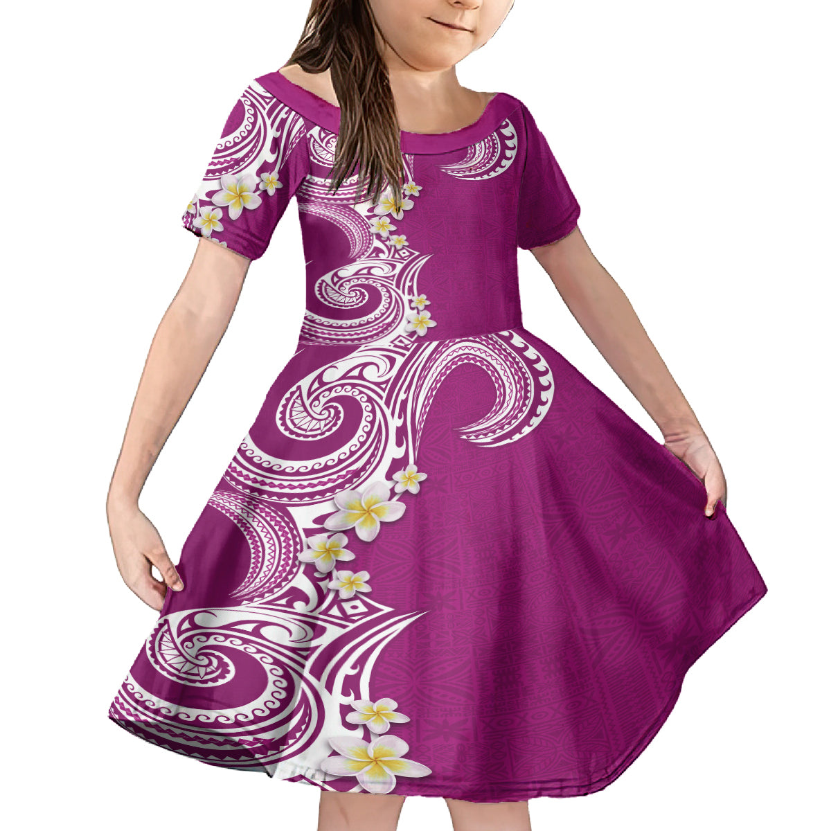 Aloha Polynesian Plumeria Flower Family Matching Long Sleeve Bodycon Dress and Hawaiian Shirt Pink Color