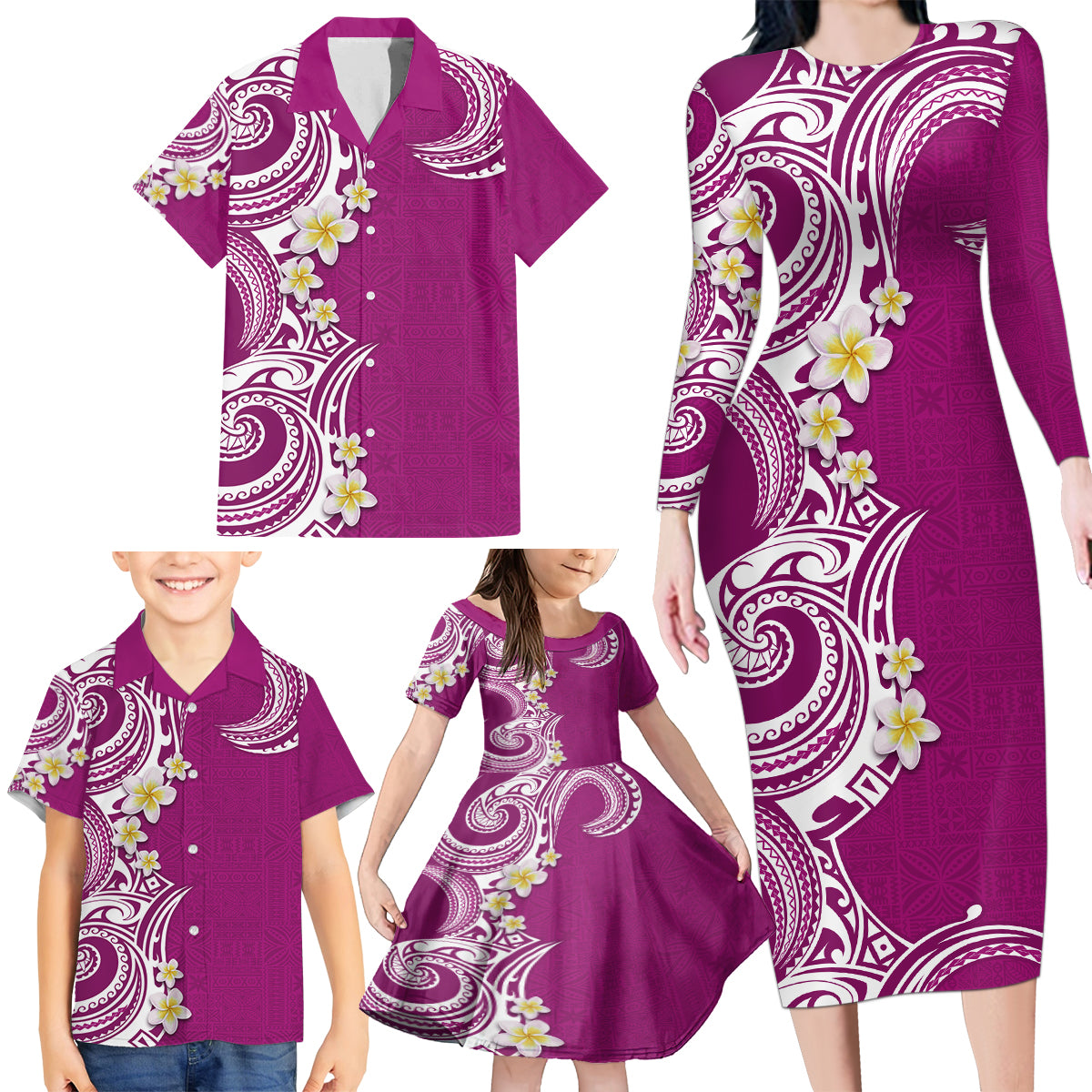 Aloha Polynesian Plumeria Flower Family Matching Long Sleeve Bodycon Dress and Hawaiian Shirt Pink Color LT03 - Polynesian Pride
