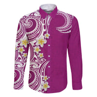 Aloha Polynesian Plumeria Flower Family Matching Long Sleeve Bodycon Dress and Hawaiian Shirt Pink Color