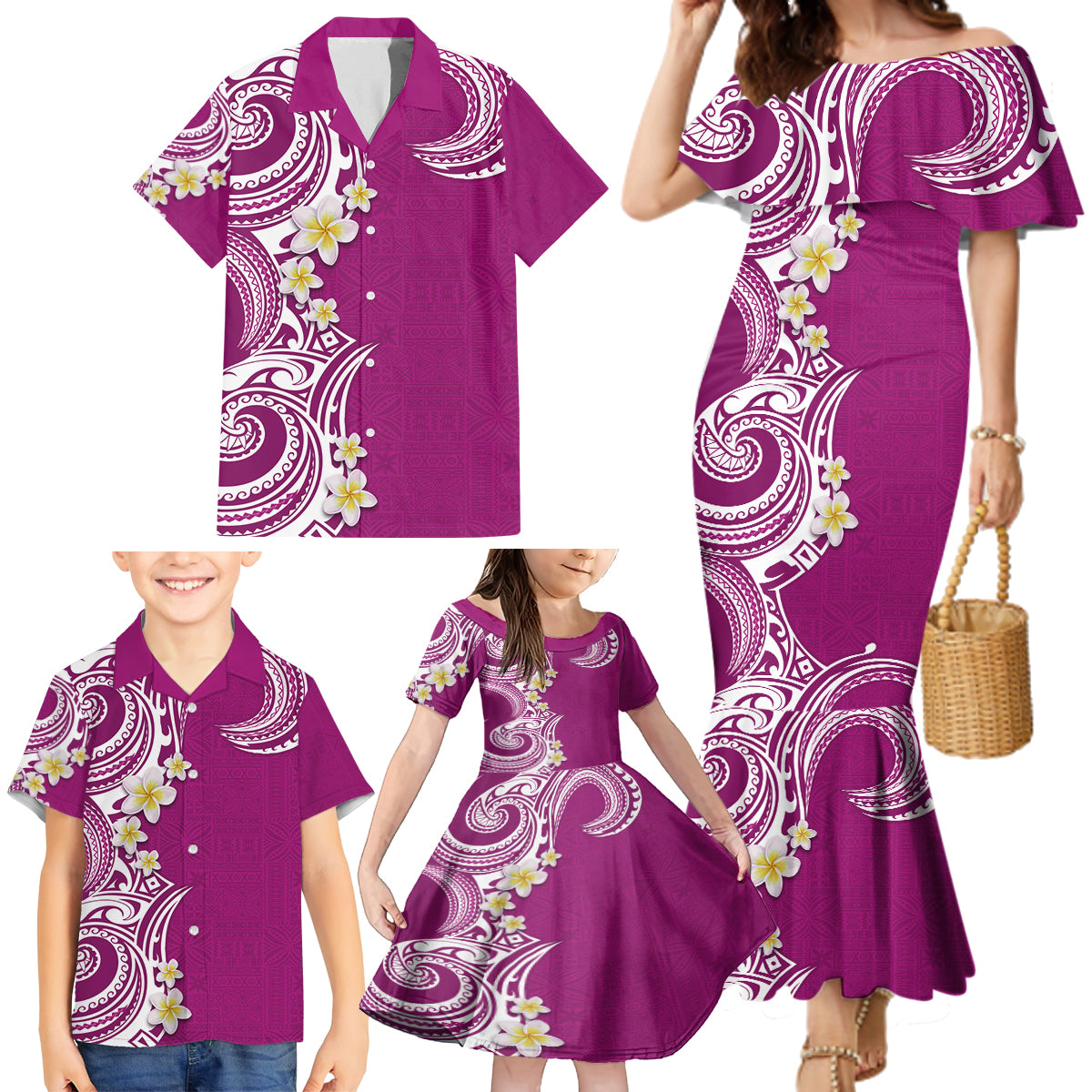 Aloha Polynesian Plumeria Flower Family Matching Mermaid Dress and Hawaiian Shirt Pink Color LT03 - Polynesian Pride