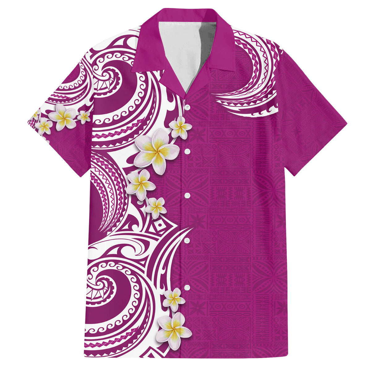 Aloha Polynesian Plumeria Flower Family Matching Off The Shoulder Long Sleeve Dress and Hawaiian Shirt Pink Color