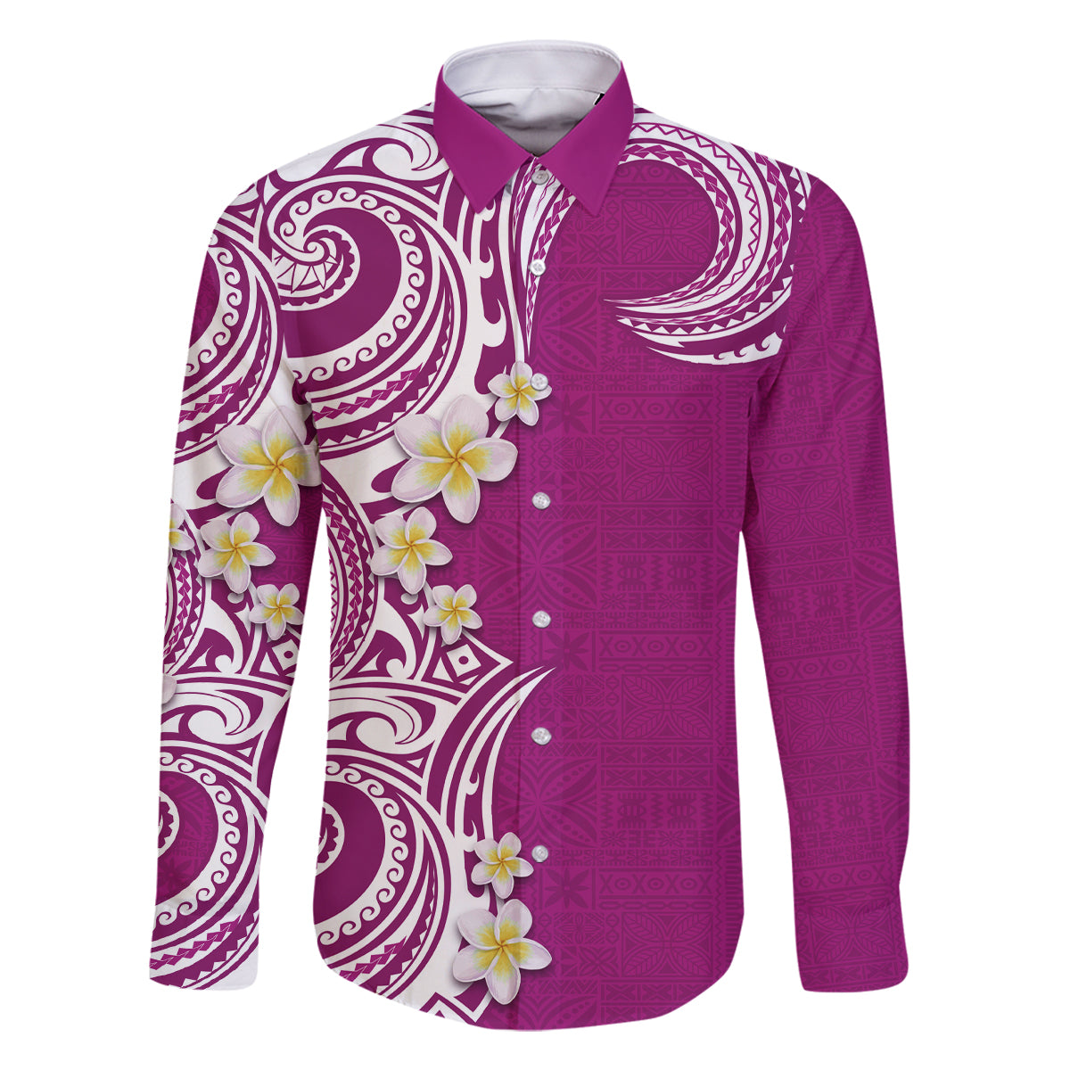Aloha Polynesian Plumeria Flower Family Matching Off The Shoulder Long Sleeve Dress and Hawaiian Shirt Pink Color