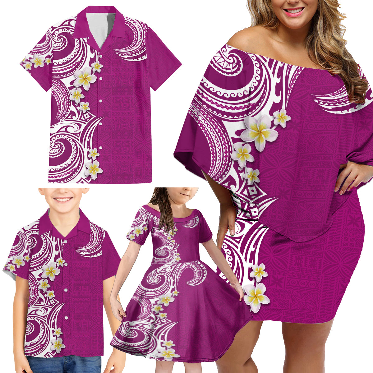 Aloha Polynesian Plumeria Flower Family Matching Off Shoulder Short Dress and Hawaiian Shirt Pink Color LT03 - Polynesian Pride