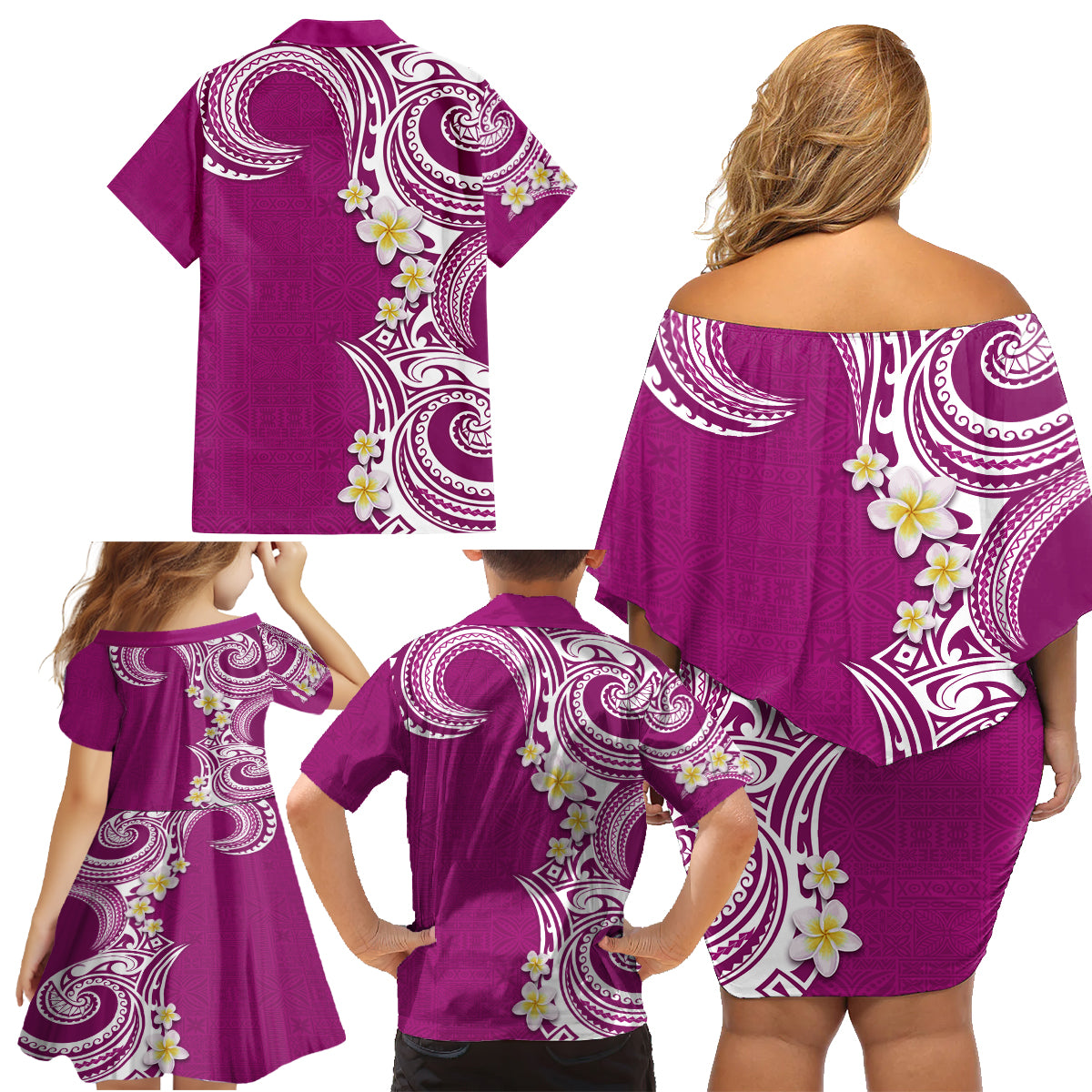 Aloha Polynesian Plumeria Flower Family Matching Off Shoulder Short Dress and Hawaiian Shirt Pink Color LT03 - Polynesian Pride