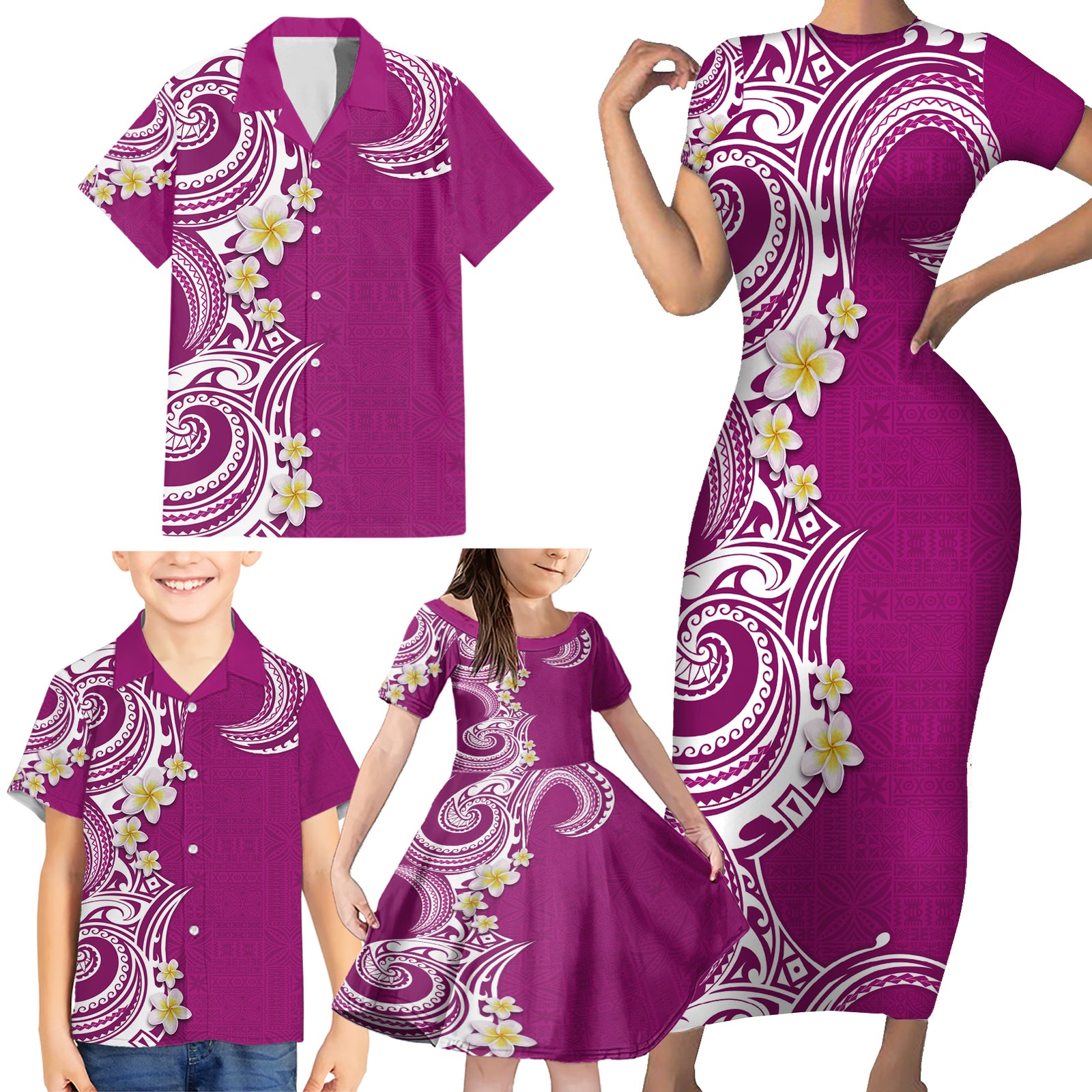 Aloha Polynesian Plumeria Flower Family Matching Short Sleeve Bodycon Dress and Hawaiian Shirt Pink Color LT03 - Polynesian Pride