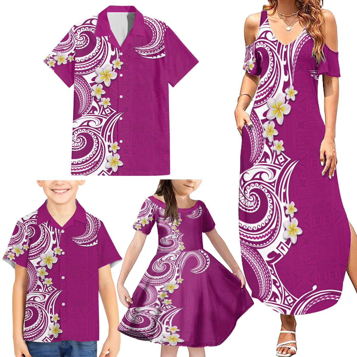 Aloha Polynesian Plumeria Flower Family Matching Summer Maxi Dress and Hawaiian Shirt Pink Color