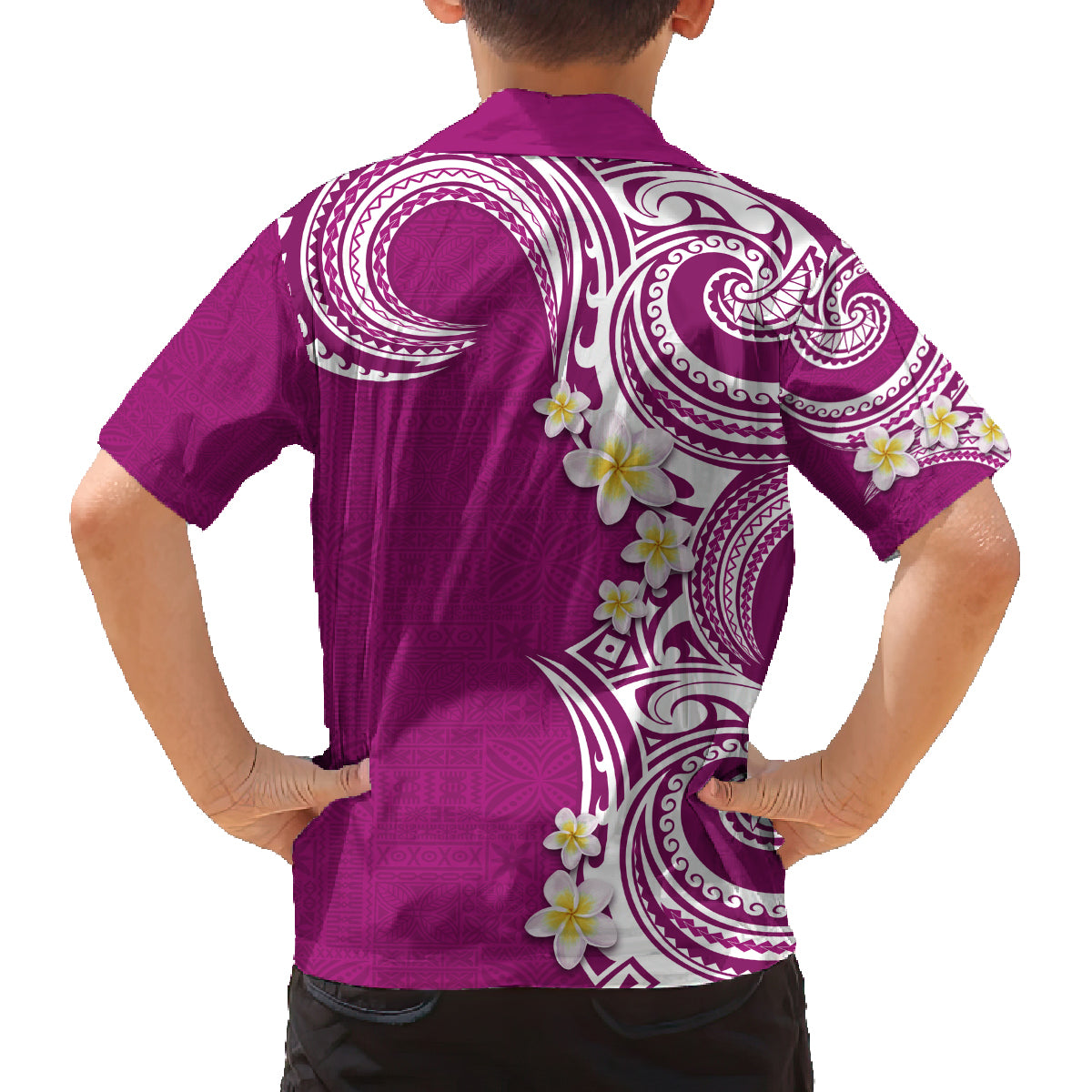 Aloha Polynesian Plumeria Flower Family Matching Tank Maxi Dress and Hawaiian Shirt Pink Color