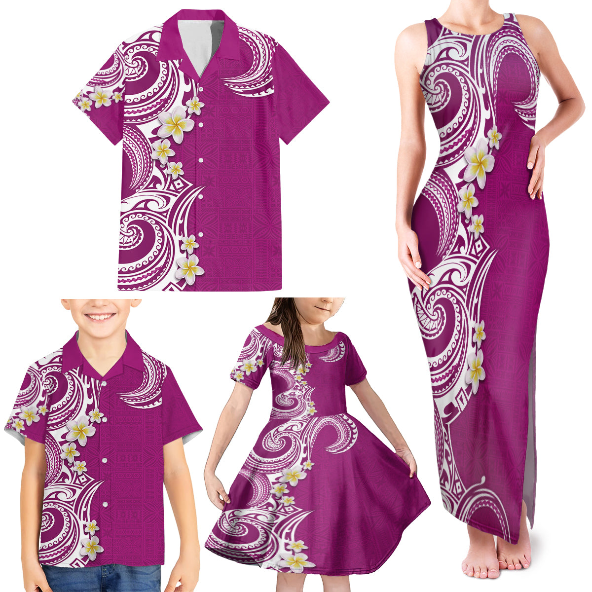 Aloha Polynesian Plumeria Flower Family Matching Tank Maxi Dress and Hawaiian Shirt Pink Color LT03 - Polynesian Pride