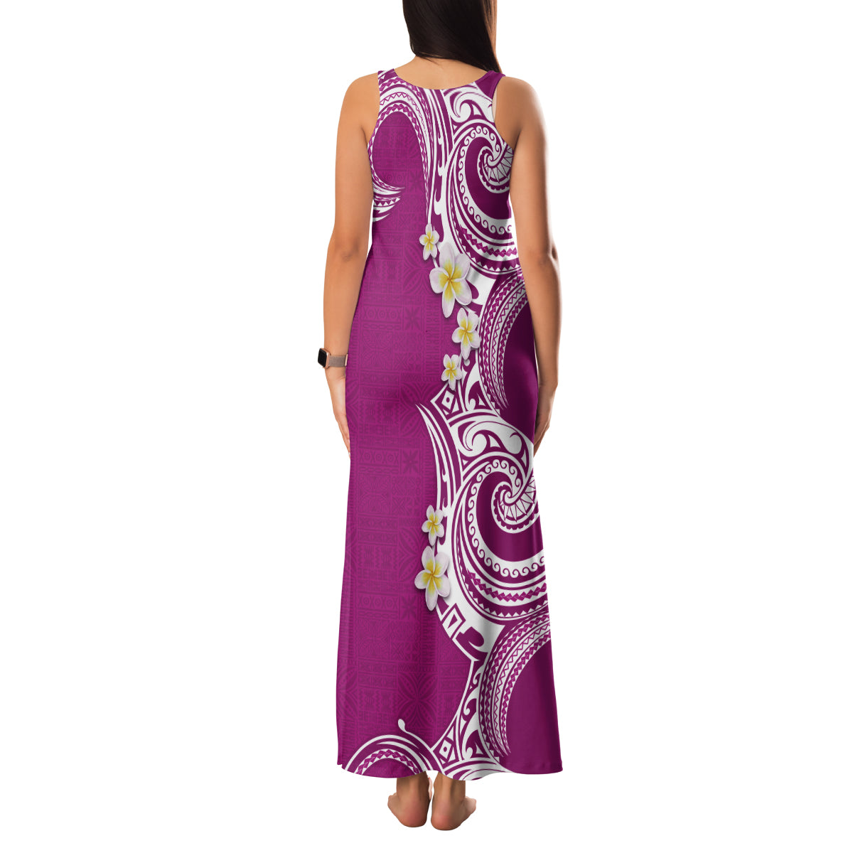 Aloha Polynesian Plumeria Flower Family Matching Tank Maxi Dress and Hawaiian Shirt Pink Color