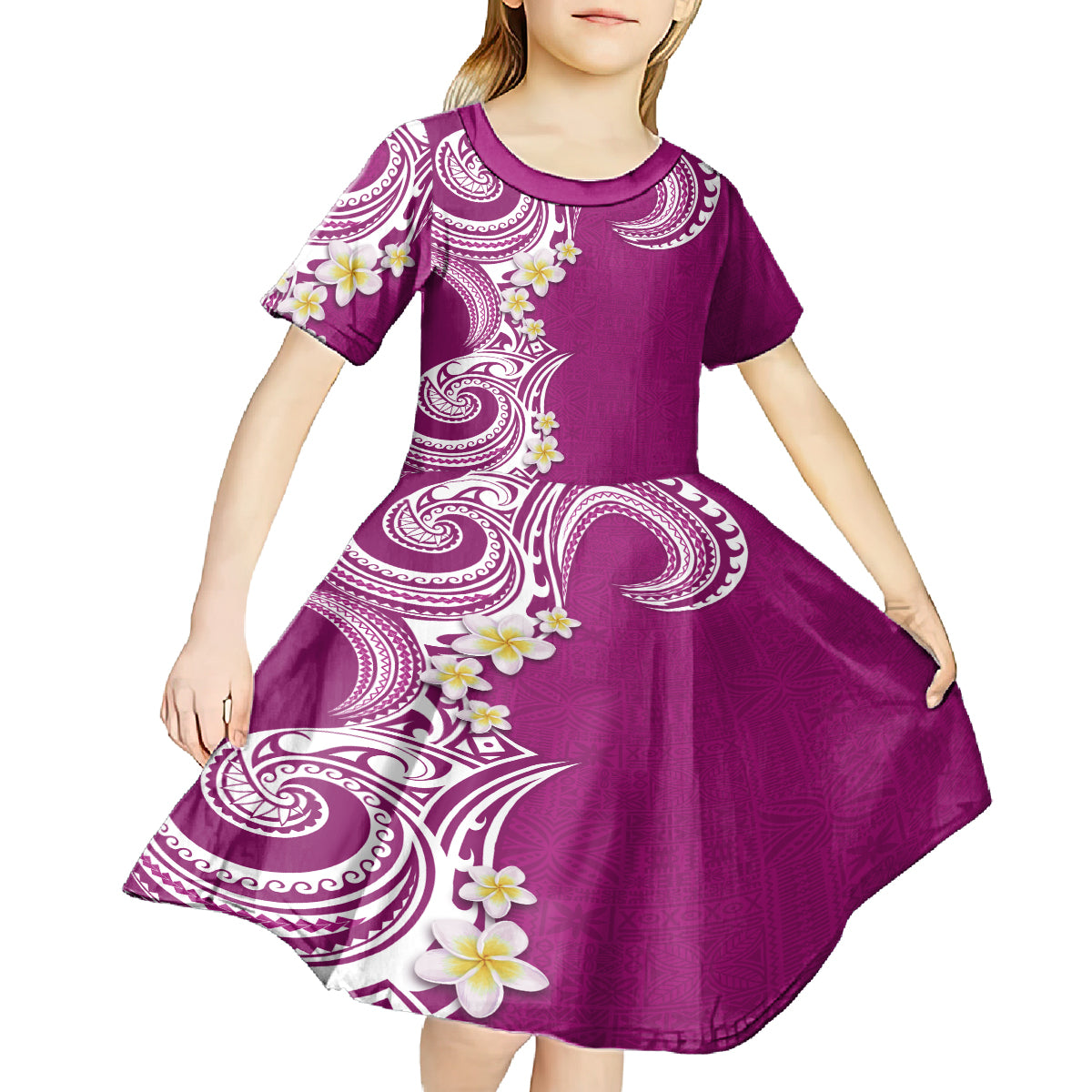 Aloha Polynesian Plumeria Flower Kid Short Sleeve Dress Pink Color LT03 - Polynesian Pride