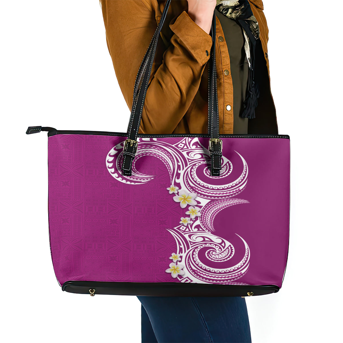 Aloha Polynesian Plumeria Flower Leather Tote Bag Pink Color LT03 - Polynesian Pride