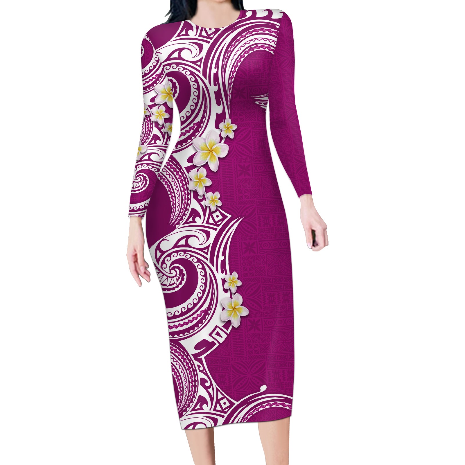 Aloha Polynesian Plumeria Flower Long Sleeve Bodycon Dress Pink Color