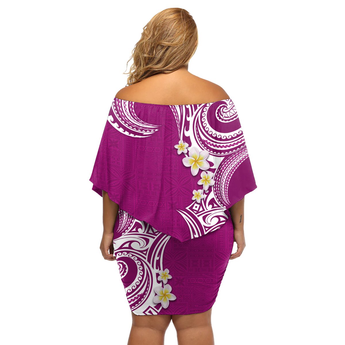 Aloha Polynesian Plumeria Flower Off Shoulder Short Dress Pink Color LT03 - Polynesian Pride