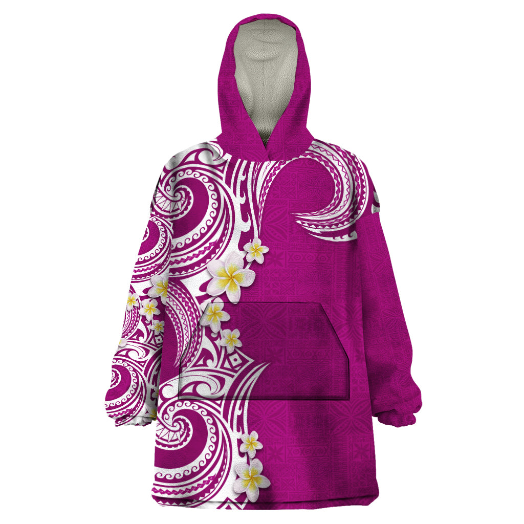 Aloha Polynesian Plumeria Flower Wearable Blanket Hoodie Pink Color