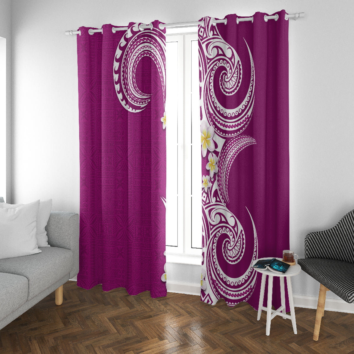 Aloha Polynesian Plumeria Flower Window Curtain Pink Color LT03 With Grommets Pink - Polynesian Pride