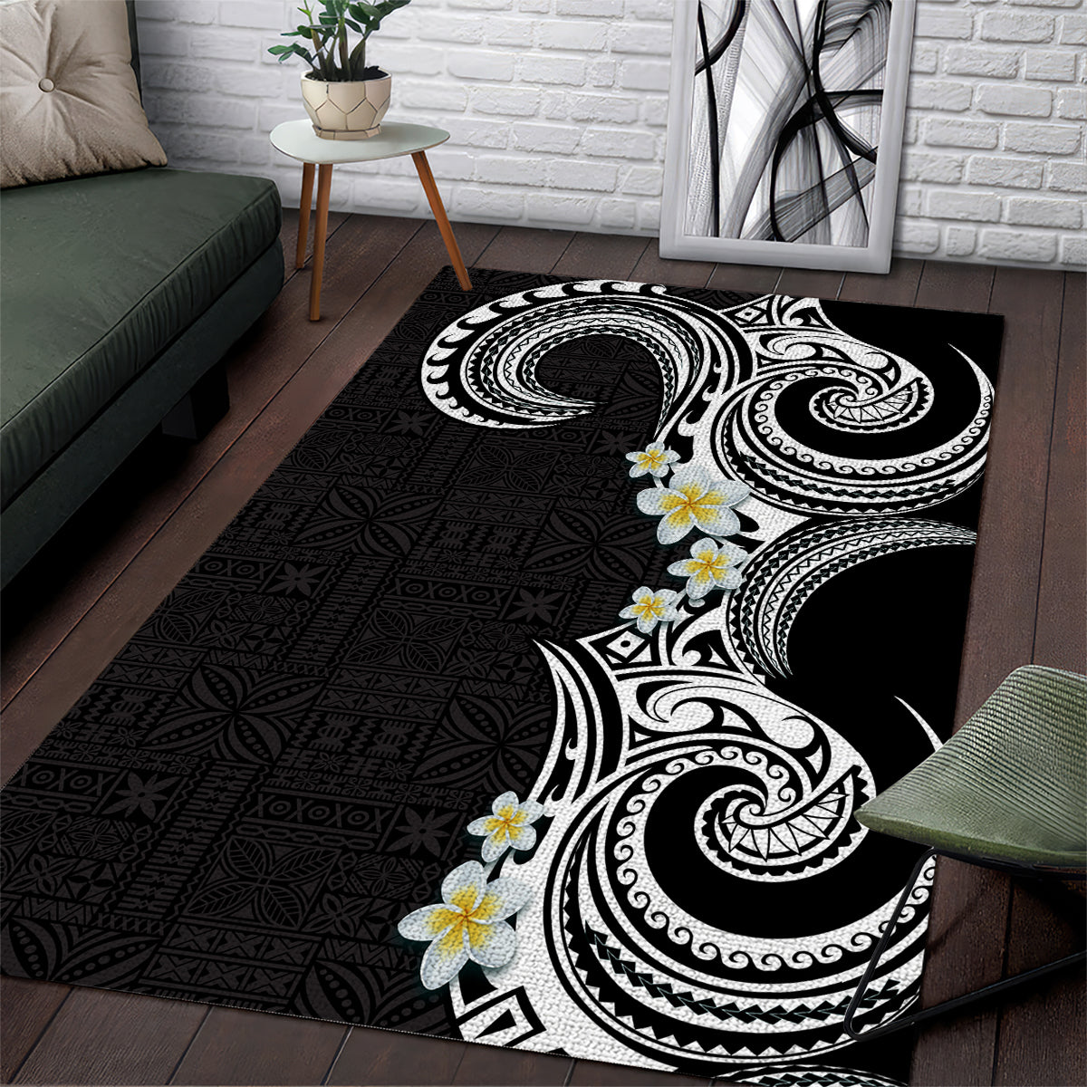 Aloha Polynesian Plumeria Flower Area Rug Black White Color