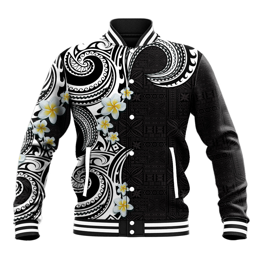 Aloha Polynesian Plumeria Flower Baseball Jacket Black White Color LT03 Unisex Black - Polynesian Pride